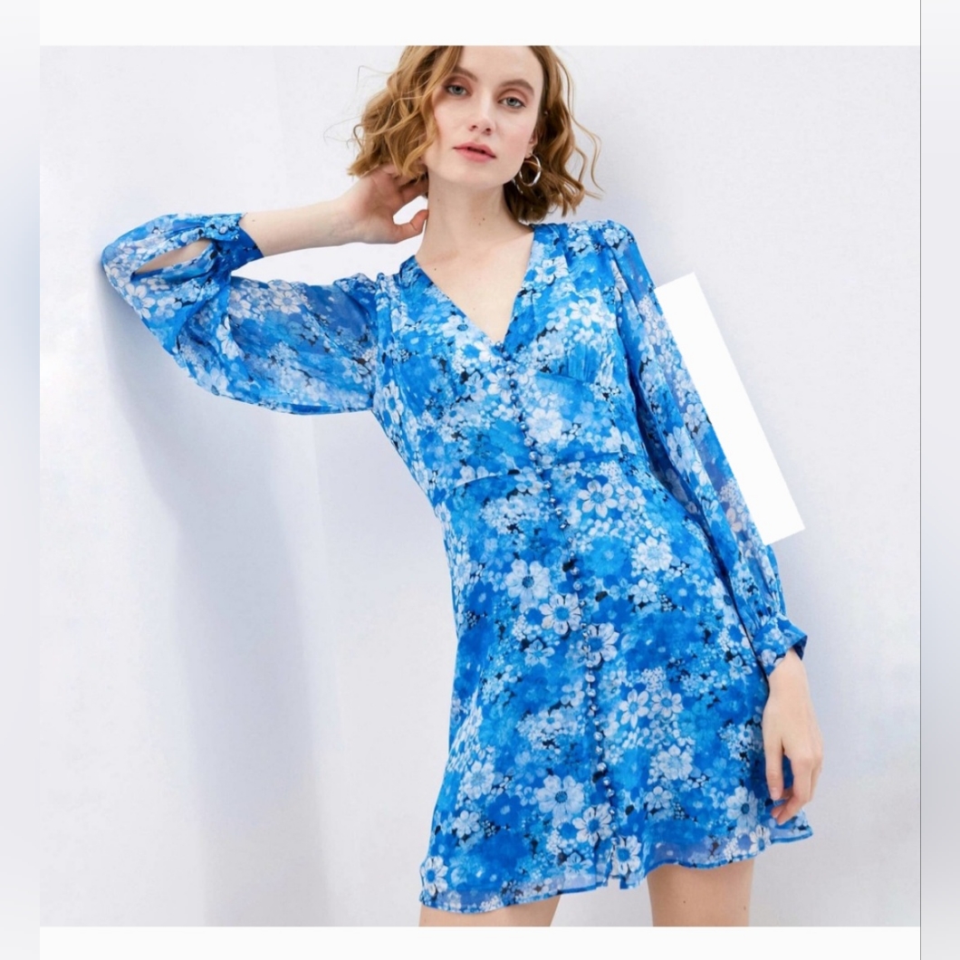 The Kooples Dress Blue Short Printed Dress With Buttons Garden Party Floral -Nwt
